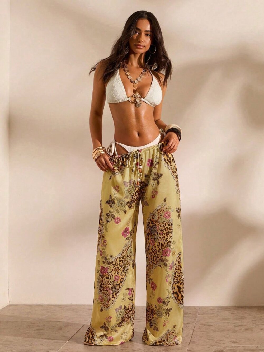 Multicolor Women's Floral Print Casual Vacation Cover-Up sheer Pants - Picture 8 of 8